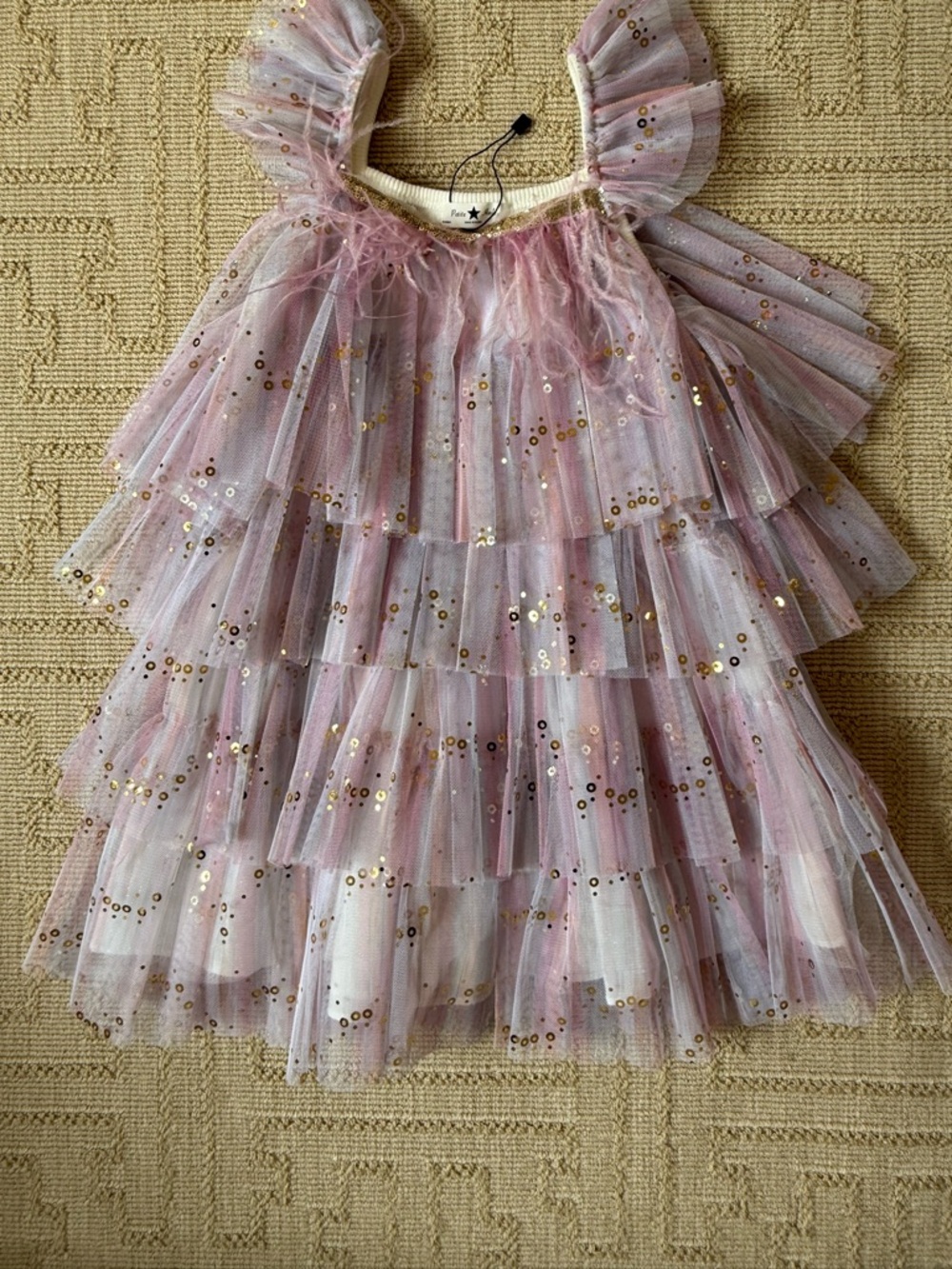New Pink Layered Tulle Dress with Gold Sequins Party kids feathers Birthday 6